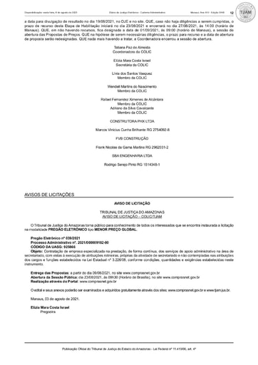 PREGÃO ELETRÔNICO Nº 039/2021 - AVISO DE LICITAÇÃO - DJE