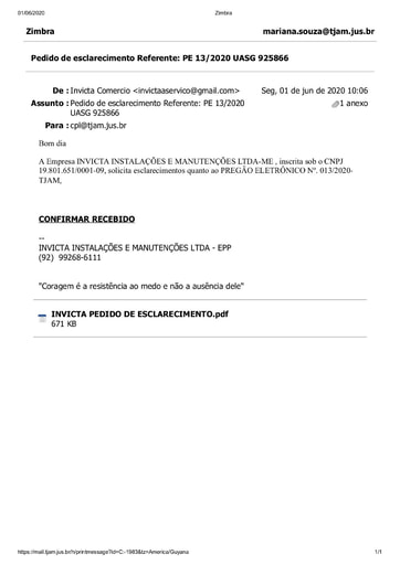 PREGÃO ELETRÔNICO Nº 013/2020 - PEDIDO DE ESCLARECIMENTO - INVICTA