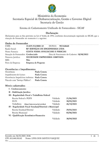 TOMADA DE PREÇOS Nº 001/2021 - SICAF E CNDT - RF SERVIÇOS