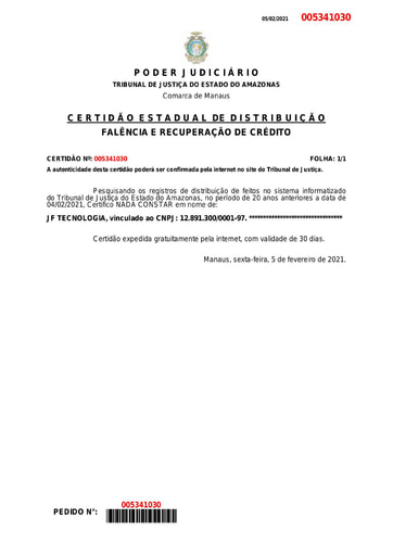 PREGÃO ELETRÔNICO Nº 029/2020 – DOCUMENTOS QUE CONSTAM NO SICAF - JF TECNOLOGIA