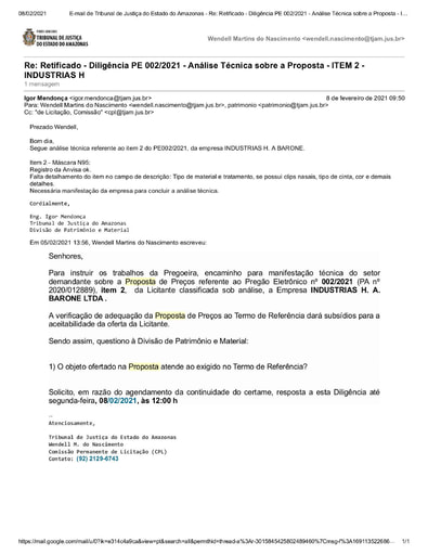 PREGÃO ELETRÔNICO Nº 002/2021 – DILIGÊNCIA CPL À DIVISÃO DE PATRIMÔNIO E MATERIAL - PROPOSTA - ITEM 2 - INDUSTRIAS H