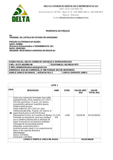 PREGÃO ELETRÔNICO Nº 026/2021 - PROPOSTA - GRUPOS 01 02 04 08 10 11 15 - DELTA