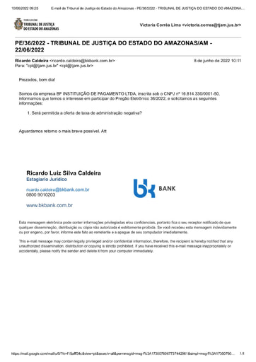 PREGÃO ELETRÔNICO Nº 036/2022 - PEDIDO DE ESCLARECIMENTO - BF INSTITUIÇÃO