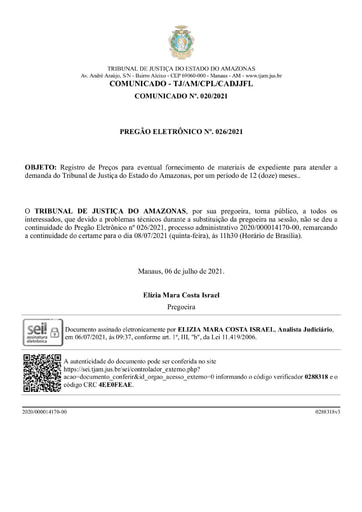 PREGÃO ELETRÔNICO Nº 026/2021 - COMUNICADO Nº 020/2021