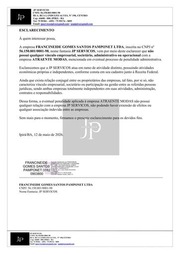 PREGÃO ELETRÔNICO Nº 031/2026 - MANIFESTAÇÃO - FRANCINEIDE GOMES SANTOS PAMPONET LTDA