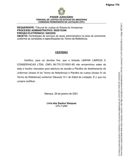 PREGÃO ELETRÔNICO Nº 029/2020 - CERTIDÃO - LIMPAR