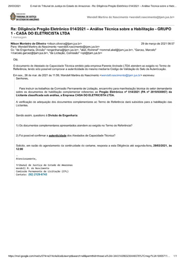 PREGÃO ELETRÔNICO Nº 014/2021 – DILIGÊNCIA CPL À DIVISÃO DE ENGENHARIA - DOCUMENTAÇÃO - GRUPO 1 - CASA DO ELETRICISTA