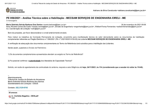 PREGÃO ELETRÔNICO Nº 56/2021 - DILIGÊNCIA COLIC AO SETOR DE INFRAESTRUTURA - HABILITAÇÃO - MECSAM