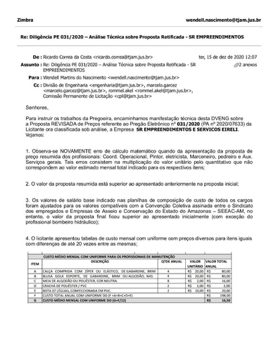 PREGÃO ELETRÔNICO Nº 031/2020 - DILIGÊNCIA CPL À DIVISÃO DE ENGENHARIA - PROPOSTA RETIFICADA - SR EMPREENDIMENTOS