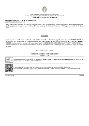 PREGÃO ELETRÔNICO Nº 45/2021 - CERTIDÃO DE DECURSO DE PRAZO - ITENS 3 E 8 - CM FERREIRA