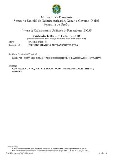 PREGÃO ELETRÔNICO Nº 028/2021 - HABILITAÇÃO - SICAF E CNDT - ESGOTEC