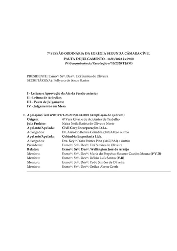 Pauta de Julgamento da Sessão Ordinária da Segunda Câmara Cível -  14.03.2022 (Videoconferência)