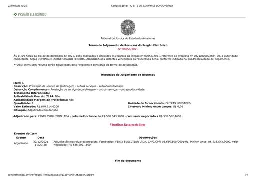 PREGÃO ELETRÔNICO Nº 055/2021 - TERMO DE ADJUDICAÇÃO