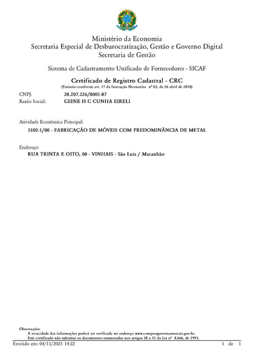 PREGÃO ELETRÔNICO Nº 49/2021 - HABILITAÇÃO - SICAF E CNDT - ITEM 1 - GEINE