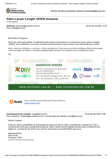 PREGÃO ELETRÔNICO Nº 016/2022 - E-MAIL PEDIDO DE DILAÇÃO DE PRAZO - G3 - DBV COMÉRCIO