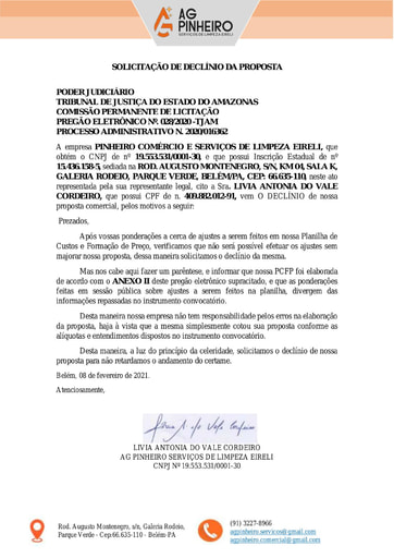 PREGÃO ELETRÔNICO Nº 028/2020 - PEDIDO DE DESCLASSIFICAÇÃO  - PINHEIRO COMERCIO