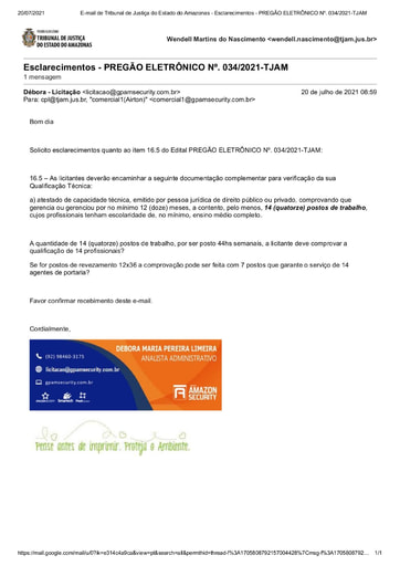 PREGÃO ELETRÔNICO Nº 034/2021 - PEDIDO DE ESCLARECIMENTO - GP