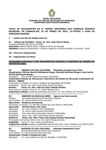 PAUTA DE JULGAMENTO DO DIA 16 03 2022