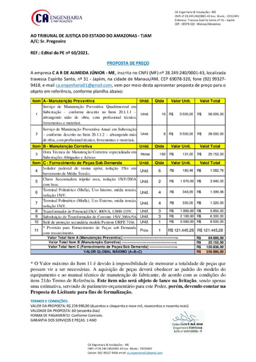 PREGÃO ELETRÔNICO Nº 60/2021 - PROPOSTA - C A R DE ALMEIDA