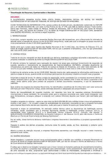 PREGÃO ELETRÔNICO Nº 007/2020 - RAZÕES RECURSAIS - CLEAR TECNOLOGIA