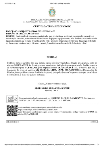 PREGÃO ELETRÔNICO Nº 56/2021 - CERTIDÃO DE DECURSO DE PRAZO - JK ENERGIA