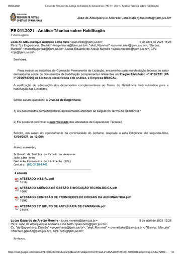 PREGÃO ELETRÔNICO Nº 011/2021 - DILIGÊNCIA CPL À DIVISÃO DE ENGENHARIA - DOCUMENTOS COMPLEMENTARES - BRAGAL
