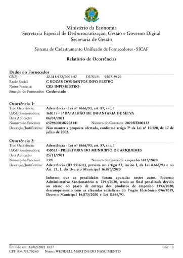 PREGÃO ELETRÔNICO Nº 018/2022 - IMPEDIMENTO - GRUPO 5 - C KOZAR DOS SANTOS