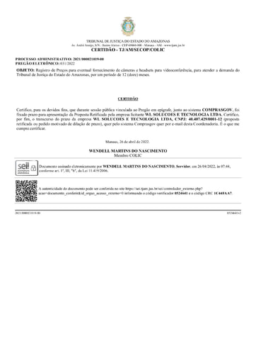 PREGÃO ELETRÔNICO Nº 031/2022 -  CERTIDÃO DECURSO DE PRAZO - WL SOLUÇÕES