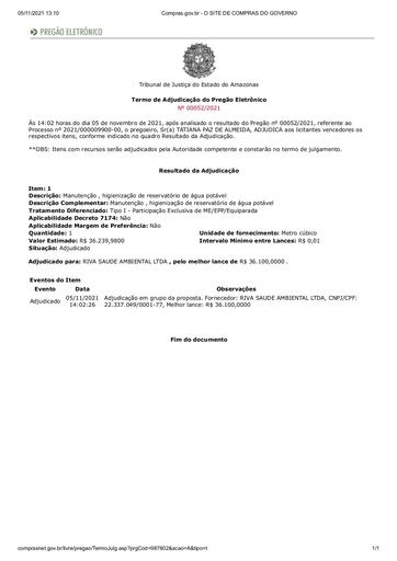 PREGÃO ELETRÔNICO Nº 52/2021 - TERMO DE ADJUDICAÇÃO