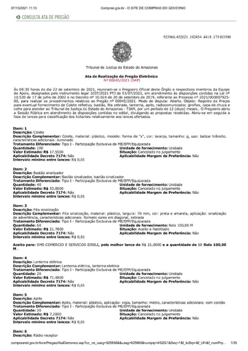 PREGÃO ELETRÔNICO Nº 45/2021 - ATA DA SESSÃO
