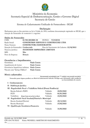 TOMADA DE PREÇOS Nº 004/2021 - SICAF E CNDT - CONSTRUBAN