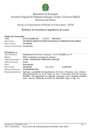 PREGÃO ELETRÔNICO Nº 006/2021 - IMPEDIMENTO - UP IDEIAS