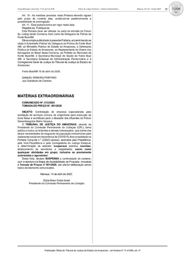 TOMADA DE PREÇOS Nº 001/2020 - COMUNICADO - SUSPENSÃO