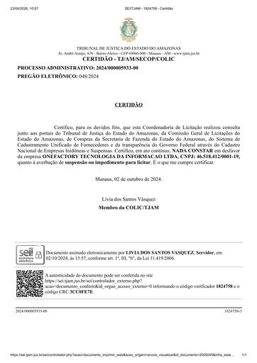 PREGÃO ELETRÔNICO Nº 048/2024 - CERTIDÃO NADA CONSTA - ONEFACTORY