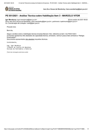 PREGÃO ELETRÔNICO Nº 51/2021 - EMAIL DILIGÊNCIA - HABILITAÇÃO - MARCELO VITOR - ITEM 3