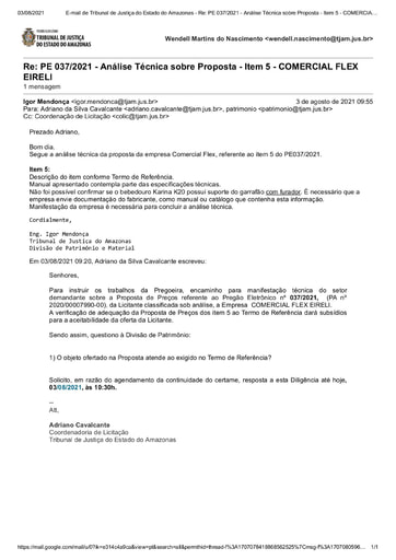 PREGÃO ELETRÔNICO Nº 037/2021 – DILIGÊNCIA CPL À DIVISÃO DE PATRIMÔNIO - ITEM 5 - COMERCIAL FLEX﻿