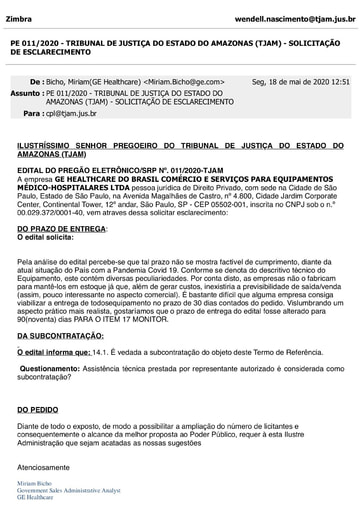 PREGÃO ELETRÔNICO Nº 011/2020 - PEDIDO DE ESCLARECIMENTO - GE HEALTHCARE