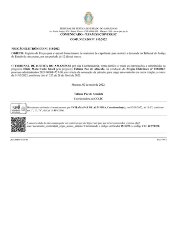 PREGÃO ELETRÔNICO Nº 018/2022 - COMUNICADO Nº 013/2022 - SUBSTITUIÇÃO DA PREGOEIRA