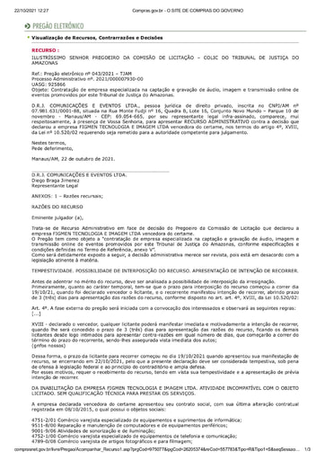 PREGÃO ELETRÔNICO Nº 043/2021 - RAZÕES RECURSAIS - D R J COMUNICAÇÕES