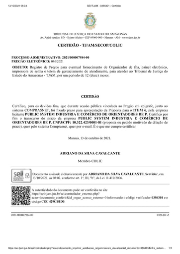 PREGÃO ELETRÔNICO Nº 46/2021 - CERTIDÃO DECURSO DE PRAZO - PROPOSTA - ITEM 6 - PUBLIC