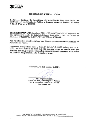 CONCORRÊNCIA Nº 002/2021 - DECLARAÇÕES - SBA