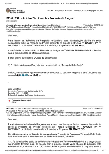 PREGÃO ELETRÔNICO Nº 021/2021 - DILIGÊNCIA CPL À DIVISÃO DE ENGENHARIA - PROPOSTA - FB COMÉRCIO