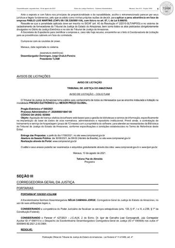 PREGÃO ELETRÔNICO Nº 040/2021 - AVISO DE LICITAÇÃO - DJE