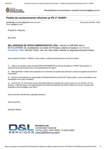 PREGÃO ELETRÔNICO Nº 034/2021 - PEDIDO DE ESCLARECIMENTO - D&L SERVIÇOS