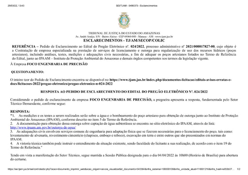 PREGÃO ELETRÔNICO Nº 024/2022 - RESPOSTA AO PEDIDO DE ESCLARECIMENTO - FOCO