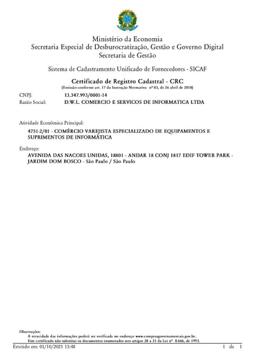 PREGÃO ELETRÔNICO Nº 46/2021 - HABILITAÇÃO - SICAF E CNDT - DWL