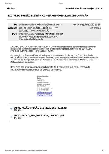 PREGÃO ELETRÔNICO Nº 015/2020 - PEDIDO DE IMPUGNAÇÃO - CLARO