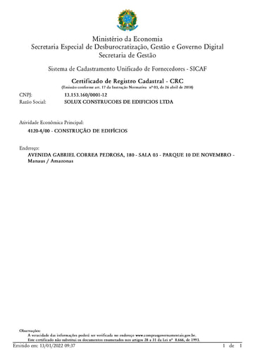 TOMADA DE PREÇOS Nº 005/2021 - SICAF E CNDT - SOLUX