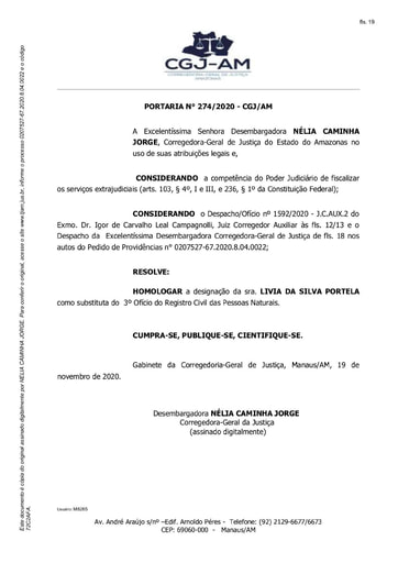 Portaria nº 274/2020-CGJ/AM (HOMOLOGAR a designação da sra. LIVIA DA SILVA PORTELA como substituta do 3º Ofício do Registro Civil das Pessoas Naturais)