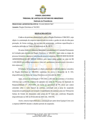 PREGÃO ELETRÔNICO Nº 006/2021 - DESPACHO - OFÍCIO - ANULAÇÃO DA HOMOLOGAÇÃO